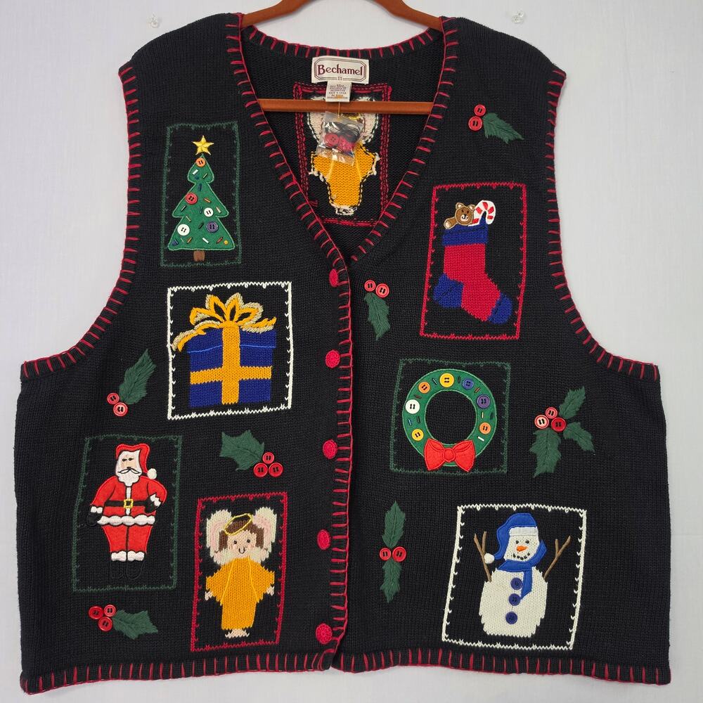 Vintage 90s Embroidered Christmas Sweater Vest sz 2X Santa Snowman Ramie Blend